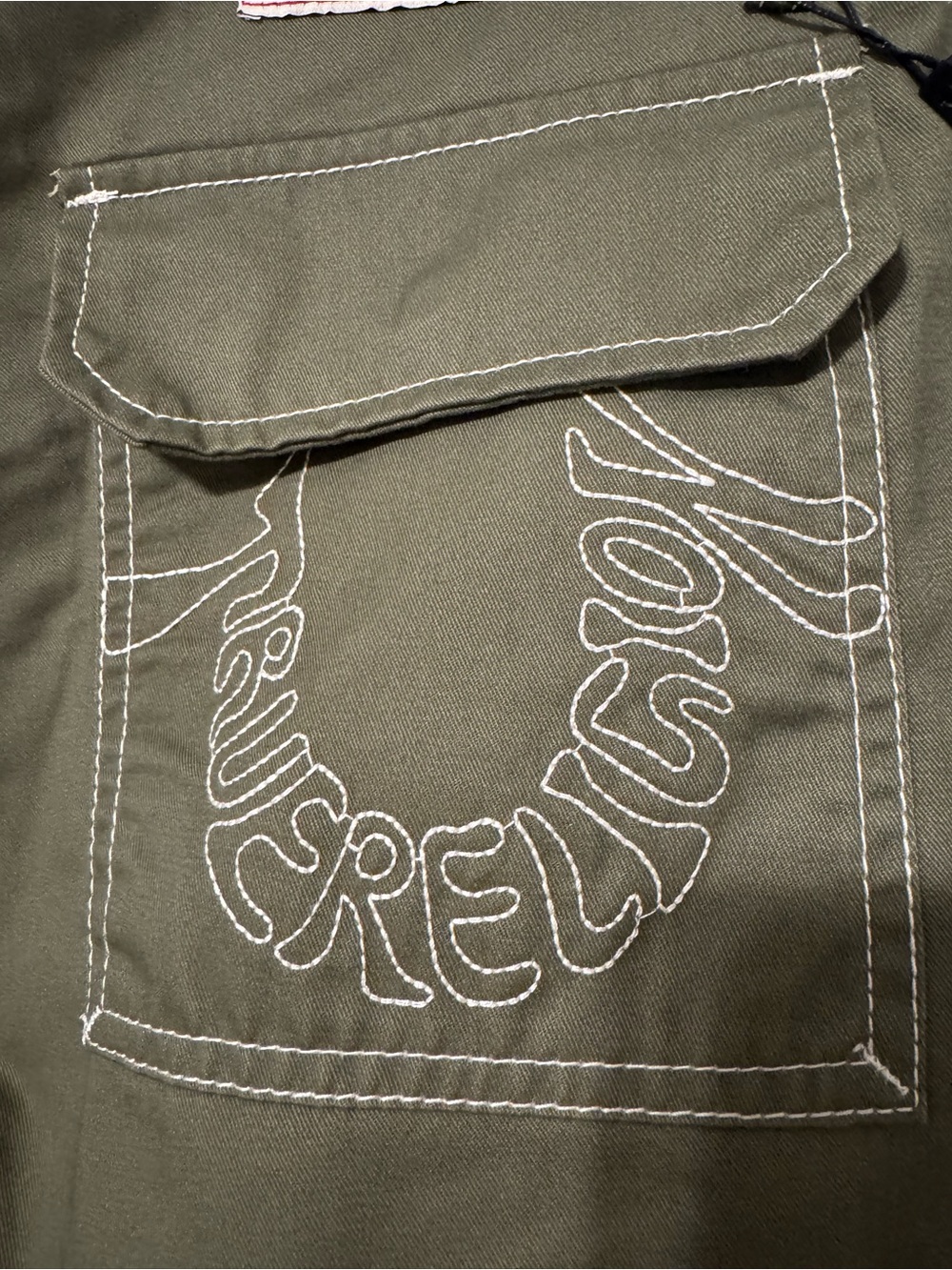 NWT True Religion Baggy Cargo Pants 34 Kalamata Green Embroidered Y2K Gorpcore